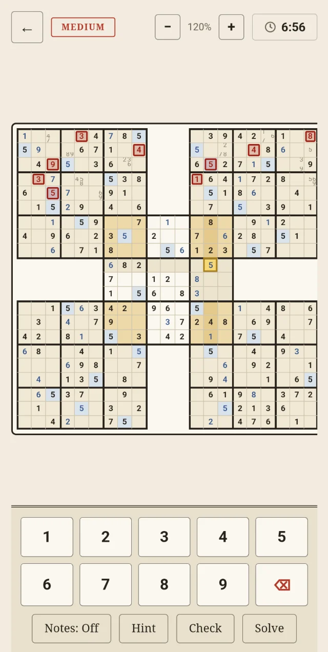 The board after Check, with wrong cells stamped in red.