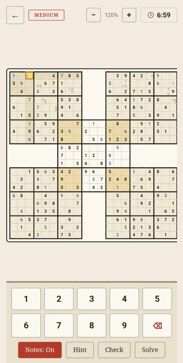 The board with Notes switched on and candidates pencilled into cells.