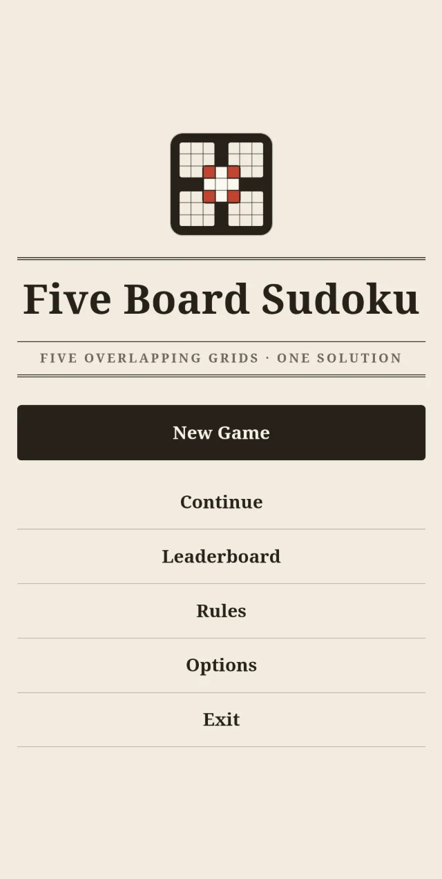 Home screen with New Game, Continue, Leaderboard, Rules, Options and Exit.