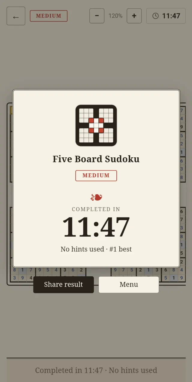 The finish screen with the solve time and a share button.