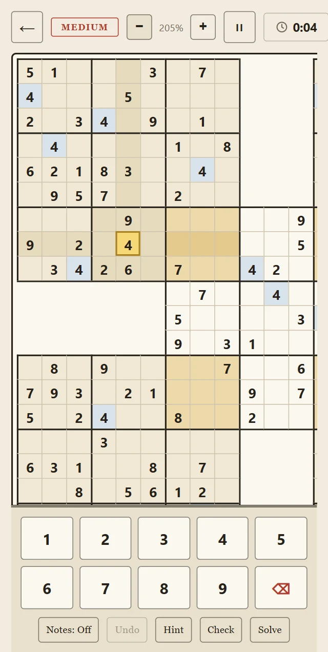 A game zoomed in so one grid fills the screen, with the number pad below.